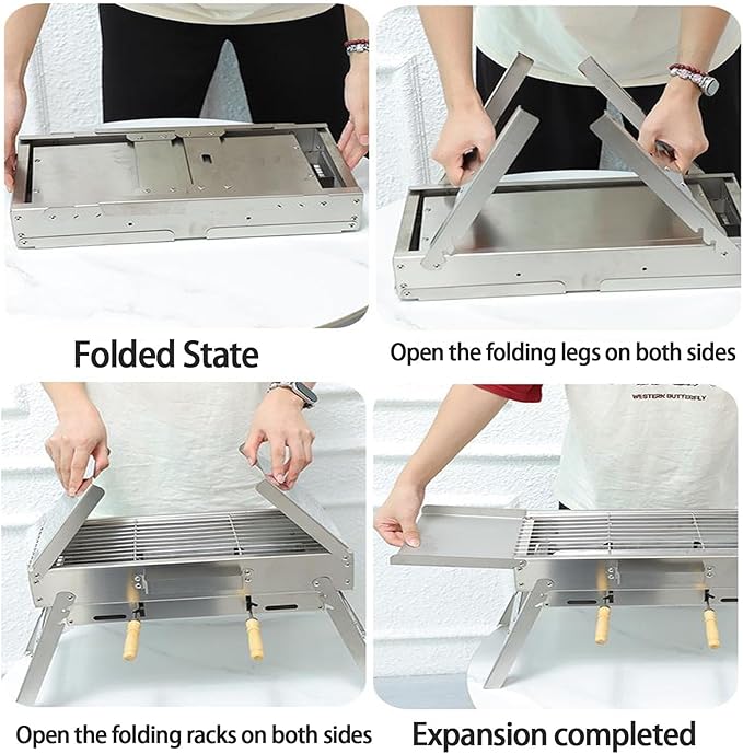 Portable Foldable Charcoal Grill, 304 Stainless Steel, No Assembly Required, Adjustable Charcoal Pan Height, Built-In Seasoning Board, 3-Second Open & Close, for Camping & Picnics