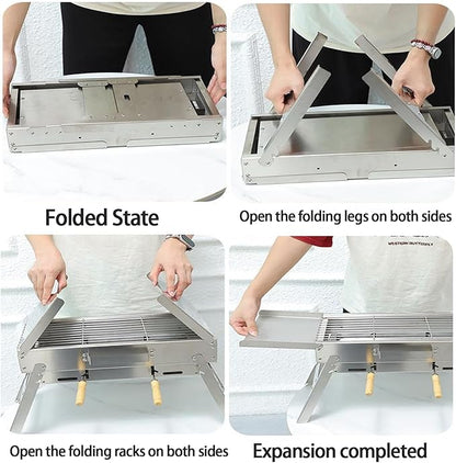 Portable Foldable Charcoal Grill, 304 Stainless Steel, No Assembly Required, Adjustable Charcoal Pan Height, Built-In Seasoning Board, 3-Second Open & Close, for Camping & Picnics
