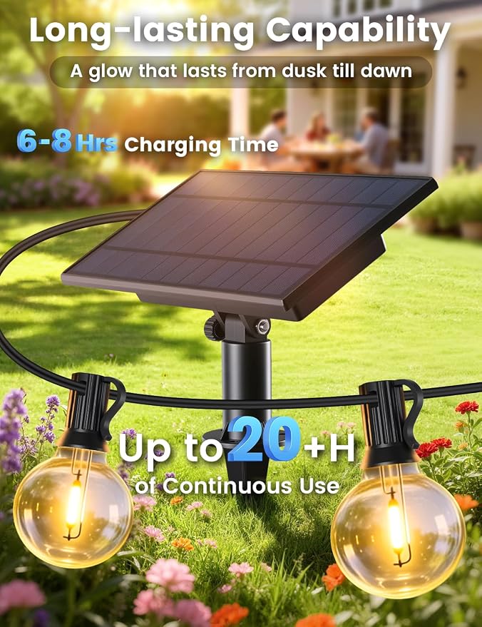 Brightever Solar String Lights Outdoor with Remote, 60FT 25+1 LED G40 Bulbs Shatterproof Patio Lights, IP65 Waterproof Dimmable Hanging Solar Power Globe LED Outdoor Lights for House, Market, Bistro