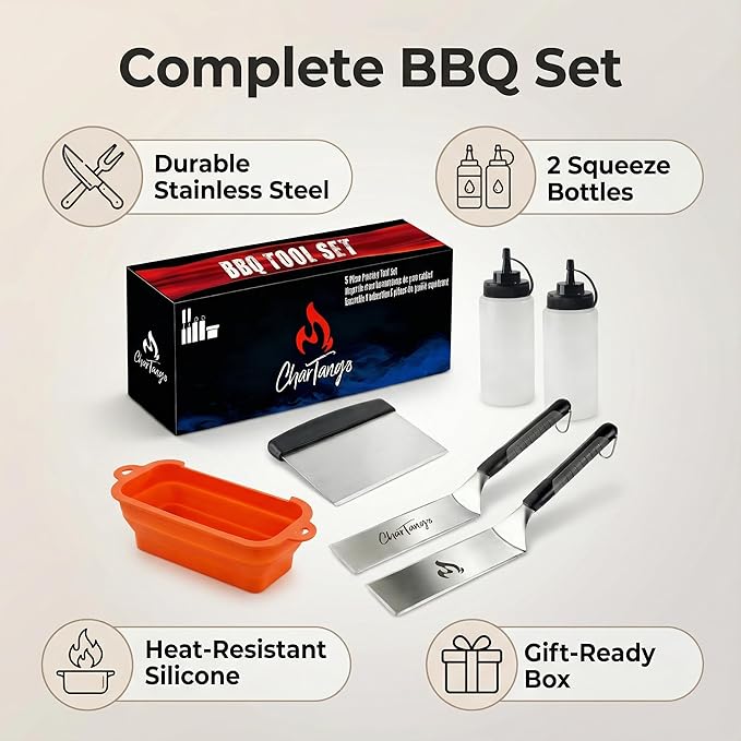Blackstone Griddle Tools Set with Silicone Grease Tray – Heavy-Duty Stainless Steel Spatulas & Scraper + Drip Pan for Blackstone/Camp Chef – 6-Piece BBQ & Camping Cooking Kit
