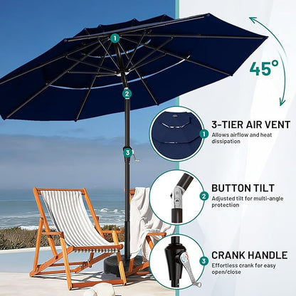 AreShark 9ft 3-Tier Patio Umbrellas, Outdoor Umbrella with 8 Sturdy Ribs UV Protection Windproof, Market Table Umbrella w/Push Button Tilt & Crank for Pool, Porch, Deck, Garden(Navy)
