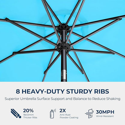 HOMSHADE 9ft Solar Patio Umbrella - Solar Lights LED Lighted Outdoor Market Table Umbrella, UPF50+ UV Protection with Push Button Tilt, Crank for Pool Deck and Garden (Light Blue)