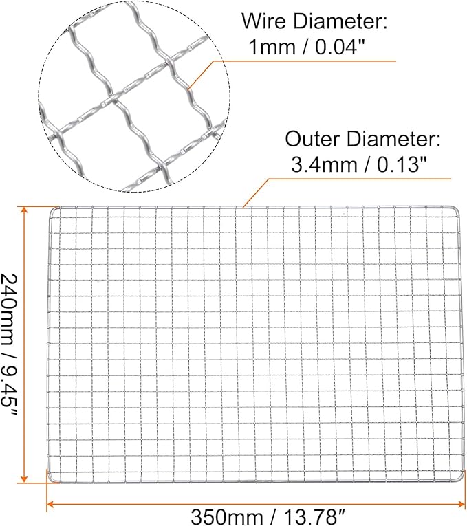 HARFINGTON Square BBQ Grill Net 13.8"x9.4" Stainless Steel Cross Wire Barbecue Mesh Mat for Baking Smoking Charcoal Grilling Roasting