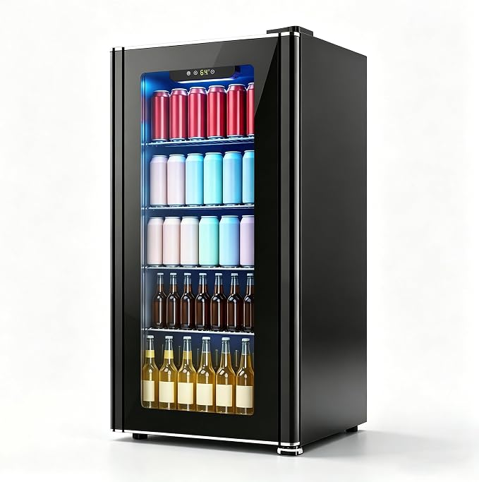 COWSAR 3.2 Cu. Ft. Beverage Refrigerator, Up to 130 Cans or 26 Bottles | Electronic controls with an LED display adjust cooling from 32–61°F, while the glass door keeps drinks easy to view.