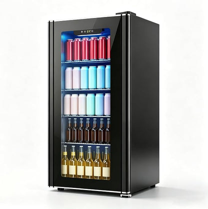 COWSAR 3.2 Cu. Ft. Beverage Refrigerator, Up to 130 Cans or 26 Bottles | Electronic controls with an LED display adjust cooling from 32–61°F, while the glass door keeps drinks easy to view.