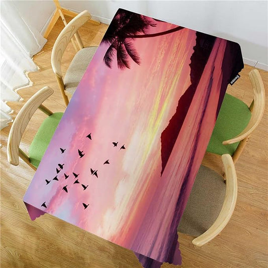 Swono Tablecloth Sunset Ocean, Paradise Ocean Beach Palm Trees Table Cloth for Kitchen Dining Tabletop Decoration Parties Weddings, 52 X 70 Inch Rectangle Tablecloth, 4-6 Seats