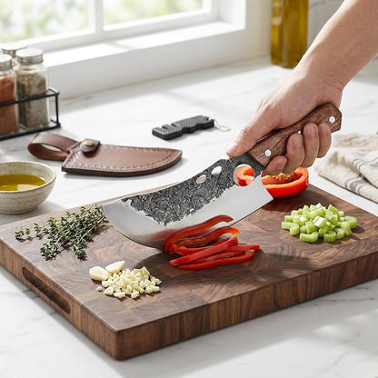 KOFERY Hand Forged Serbian Cleaver Knife with Full Tang 4Cr13 High Carbon Steel, Viking Butcher Knife for Meat Chopping, Outdoor Camp Cooking & BBQ with Leather Sheath & Sharpener