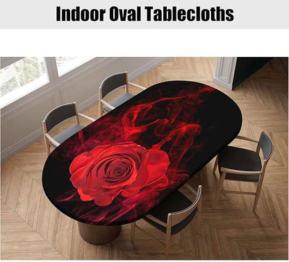 Valentine's Day Oval Fitted Polyester Tablecloth, Red Rose Pattern Elastic Edged Polyester Spill Proof Table Cover, Great for Home Kitchen/Parties/Holiday Dinner Party, Fit to 54" W x 76" L Table