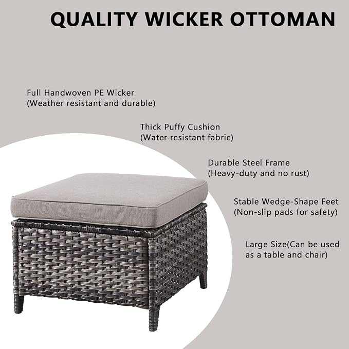 Rilyson Wicker Outdoor Patio Sofa with Ottoman, Large 3 Seater Wicker Patio Couch with 4in Replaceable Seat Cushions and Deep Seating, All Weather for Backyard, Garden, Poolside (Mixed Grey/Grey)