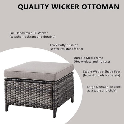 Rilyson Wicker Outdoor Patio Sofa with Ottoman, Large 3 Seater Wicker Patio Couch with 4in Replaceable Seat Cushions and Deep Seating, All Weather for Backyard, Garden, Poolside (Mixed Grey/Grey)