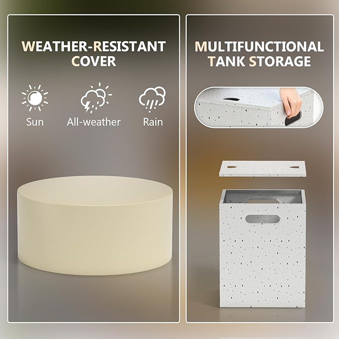 2-Piece Outdoor Propane Fire Pit Table Set w Tank Side Table 30'' Round Fire Pit Table 2-in-1 Firepit Table for Outside Gas Fire Pit w 304 Stainless Steel Burner 50,000 BTU, Speckled White w Warm LED
