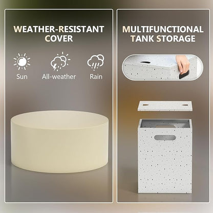 2-Piece Outdoor Propane Fire Pit Table Set w Tank Side Table 30'' Round Fire Pit Table 2-in-1 Firepit Table for Outside Gas Fire Pit w 304 Stainless Steel Burner 50,000 BTU, Speckled White w Warm LED