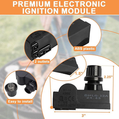 DHLG-12 Grill Igniter Kit G511-0055-W1 for Charbroil Ignitor Replacement, G350-0017-W1 2 Outlet BBQ Electronic Ignition Module with Wires and 2 Igniter Buttons for Charbroil Surefire Ignition Systems