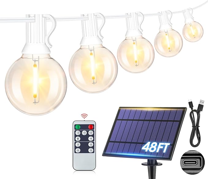 Mlambert 48FT Solar String Lights, Outdoor Waterproof Patio Lights with 15 Shatterproof G40 Bulbs(1 Spare), Led Light for Backyard-White Wire