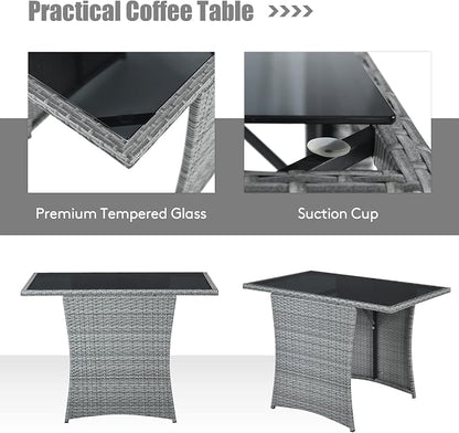 RELAX4LIFE 3-Piece Outdoor Furniture Set - All-Weather Wicker Rattan Patio Dining Set w/Tempered Glass Coffee Table & Cushions, Modern Bistro Conversation Set for Yard Balcony (Red)
