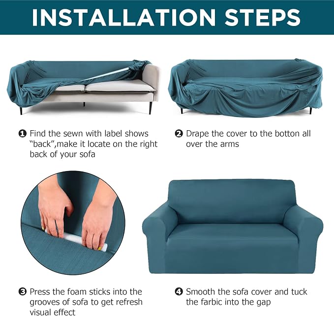 Peryiter 2 Pcs Couch and Loveseat Sofa Covers,Peacock Blue,Milk Silk | Armchair Covers for Living Room, Sofa Cushion Slipcover 2/3 Seater, Furniture Protector, Polyester and Spandex, Washable