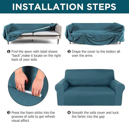 Peryiter 2 Pcs Couch and Loveseat Sofa Covers,Peacock Blue,Milk Silk | Armchair Covers for Living Room, Sofa Cushion Slipcover 2/3 Seater, Furniture Protector, Polyester and Spandex, Washable