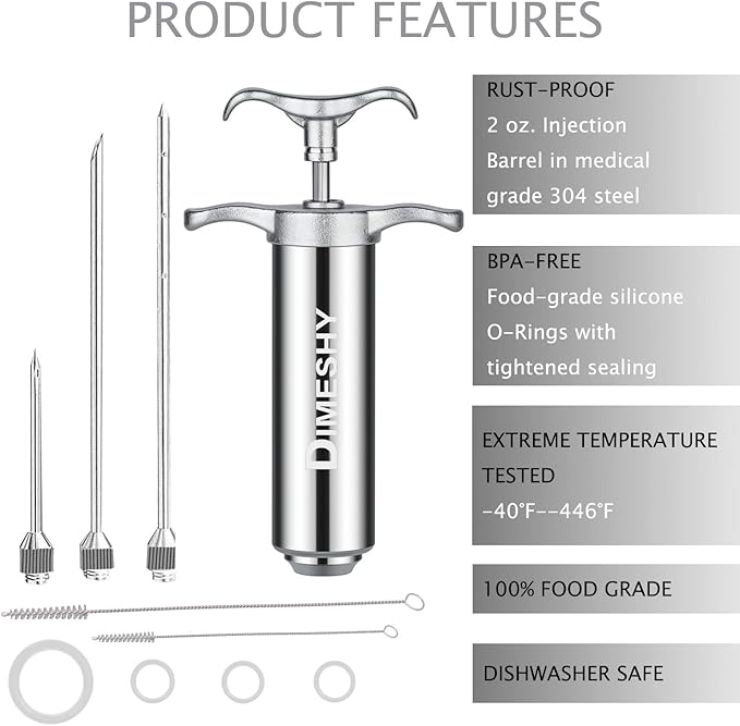 Heavy duty 304 Stainless Steel Meat Injector Kit with 2-oz Large Capacity Barrel with 3 commercial Marinade Needles