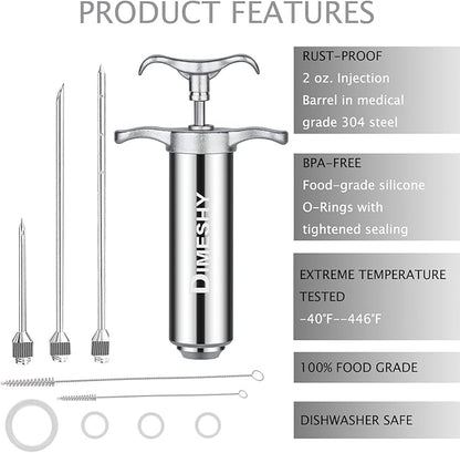 Heavy duty 304 Stainless Steel Meat Injector Kit with 2-oz Large Capacity Barrel with 3 commercial Marinade Needles
