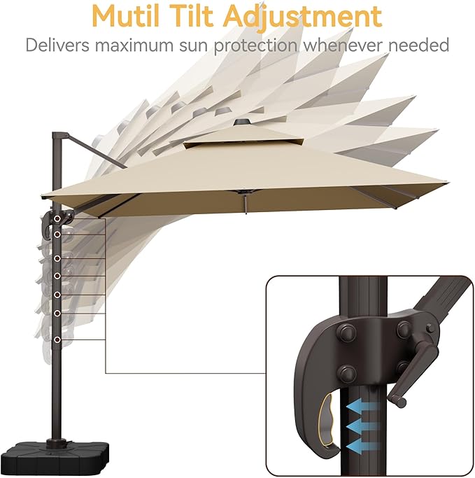 10x13 FT Patio Umbrella with Base, Large Cantilever Rectangular Double Top Heavy Duty Offset Umbrellas with 360° Rotation, Outdoor shade for Garden Deck Pool Patio, Beige