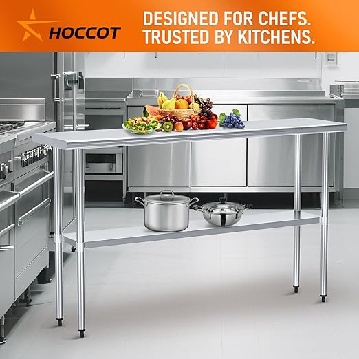 Stainless Steel Table for Food Prep & Work 24 x 60 inches Commercial Workstation with Adjustable Undershelf in Kitchen, Garage, Outdoor BBQ
