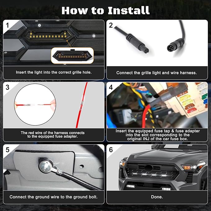 LED Grill Lights - 4PCS Front Grill Lights for Toyota Tacoma TRD Sport TRD Off-Road TRD Pre Runner 2024 2025 2026 with Fuse Adapter & Harness (White Light with Black Shell)