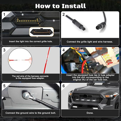 LED Grill Lights - 4PCS Front Grill Lights for Toyota Tacoma TRD Sport TRD Off-Road TRD Pre Runner 2024 2025 2026 with Fuse Adapter & Harness (White Light with Black Shell)