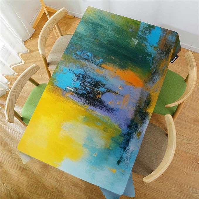 Swono Abstract Painting Table Cloth Sun Ball Yellow Turquoise Rectangle Tablecloth Picnic Table Cover BBQ Table Cloths Polyester for Kitchen Parties Patio and Camping 50x72 Inch
