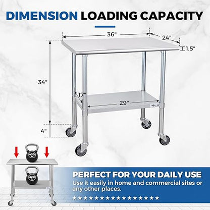 Profeeshaw Stainless Steel Prep Table with Wheels 24''x36'', NSF Work Table | Commercial Metal Workbench, with Undershelf, Heavy Duty Table, for Kitchen, Restaurant, Home, Gargae and Hotel, 18-gauge 430