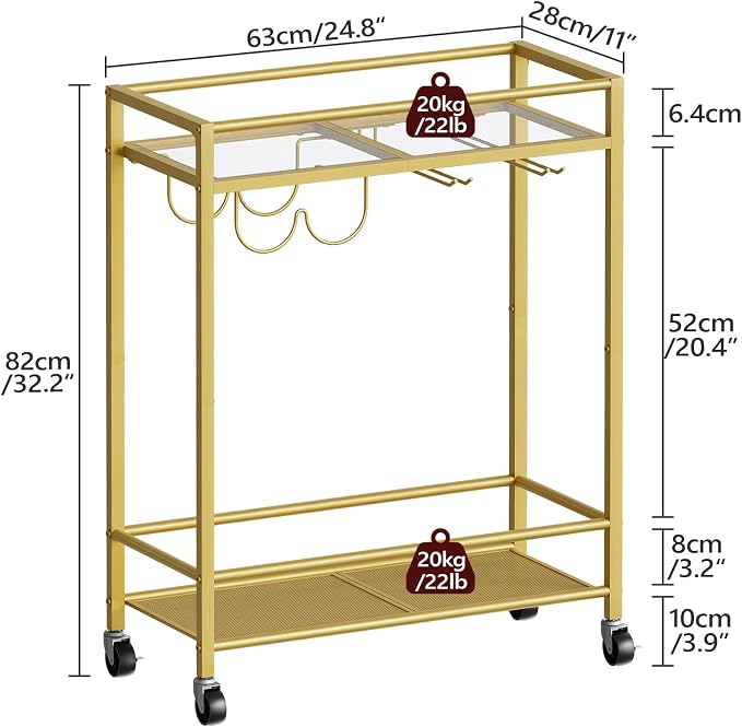 MAHANCRIS Gold Bar Cart, Beverage Cart with Wheels, Bar Cart for The Home, 2-Tier Drink Cart with Wine Rack and Glass Holder, Kitchen, Dining Room, Gold RCJ63B01ZN1