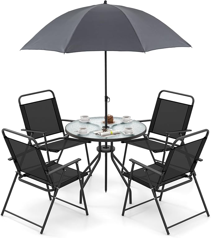 Giantex 6 Pieces Patio Dining Set, Folding Patio Chairs Set of 4, Tempered Glass Umbrella Table with Hole, Patio Table and Chairs for Lawn, Deck, Poolside, Backyard (Grey)