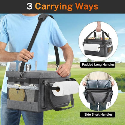 Large Grill Caddy with Lid, Foldable Organizer with Paper Towel Holder For Outdoor Picnic Camp Kitchen Accessory Storage, for BBQ Enthusiast, Black