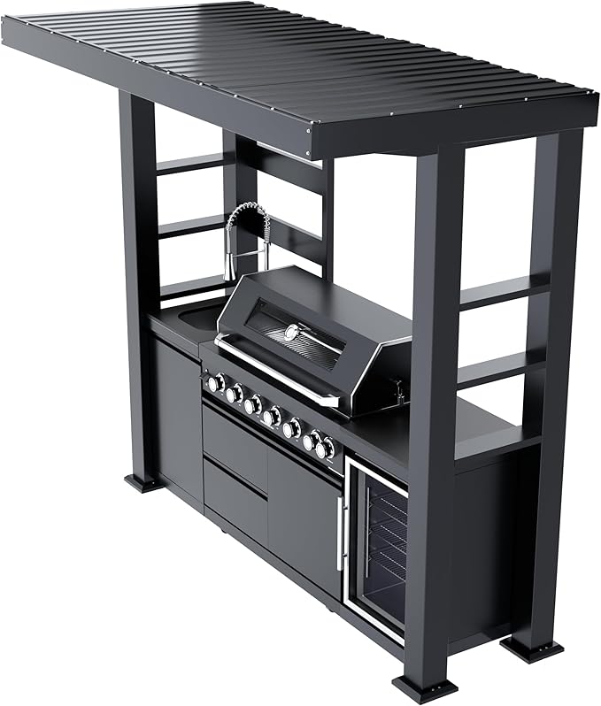 94-Inch 6-Burner 85000 BTU Stainless Steel Natural Gas Grill Outdoor Kitchen Island with Canopy,684Sq.In Cooking Area,Wine Cooler,Refrigerator,Rotisserie,For Backyard BBQ,Black