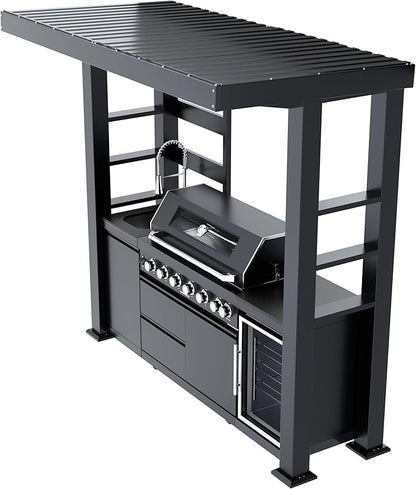 94-Inch 6-Burner 85000 BTU Stainless Steel Natural Gas Grill Outdoor Kitchen Island with Canopy,684Sq.In Cooking Area,Wine Cooler,Refrigerator,Rotisserie,For Backyard BBQ,Black