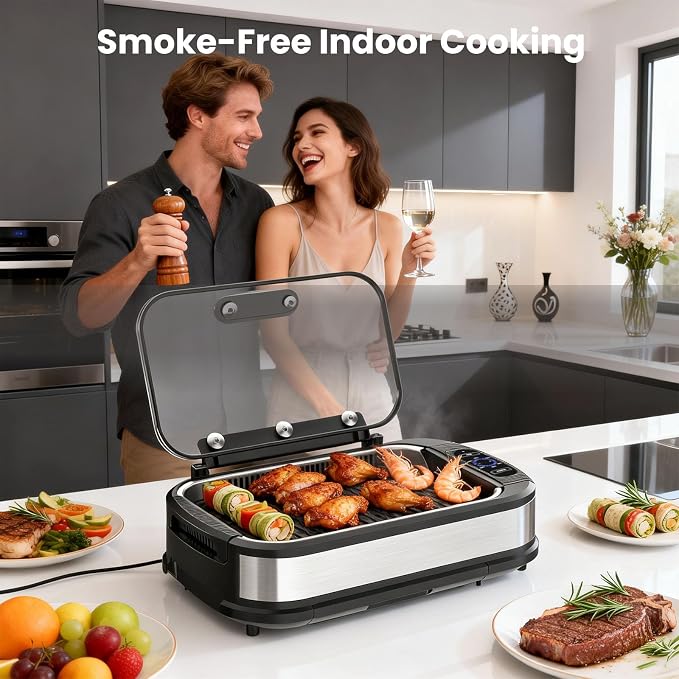 Electactic Indoor Smokeless Grill & Griddle, Nonstick Electric Grill with Adjustable Temperature Control, Dishwasher-Safe Parts and Auto Shut-Off for Everyday Cooking