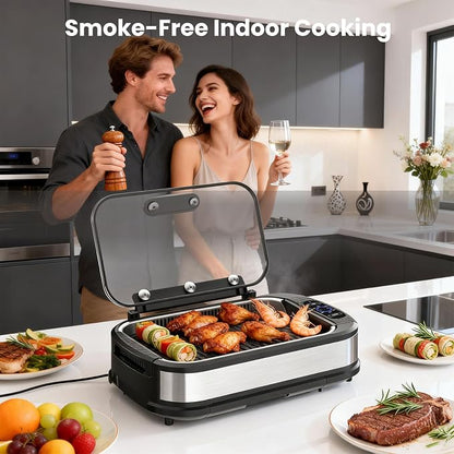 Electactic Indoor Smokeless Grill & Griddle, Nonstick Electric Grill with Adjustable Temperature Control, Dishwasher-Safe Parts and Auto Shut-Off for Everyday Cooking