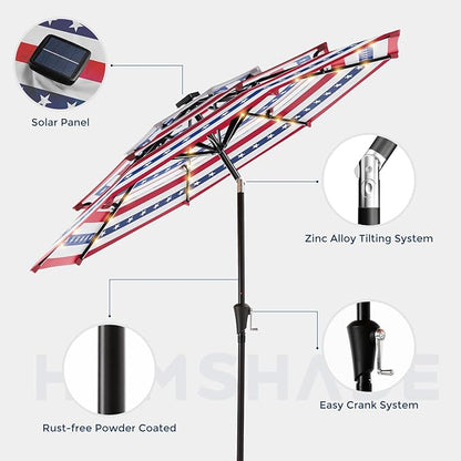 HOMSHADE 9FT 3-Tier Solar Patio Umbrella Heavy Duty, Vented Market Table Umbrella Windproof w/32 LED Lights, UPF50+, 5-Year Fade Resistant, for Pool, Lawn, Garden, Deck (No Base)