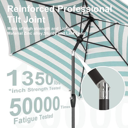 Tempera Striped Patio Umbrellas Outdoor Table Market Umbrellas with Crank & Pust Button Tilt|Auto-Tilt, 8 Steel Ribs, High Color-Fastness Canopy