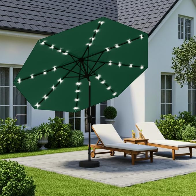 9' Solar LED Patio Umbrella with Tilt & Crank|8 Sturdy Ribs,UV Protection,Outdoor Market Table Umbrella for Deck,Lawn,Pool,Backyard(Dark Green)