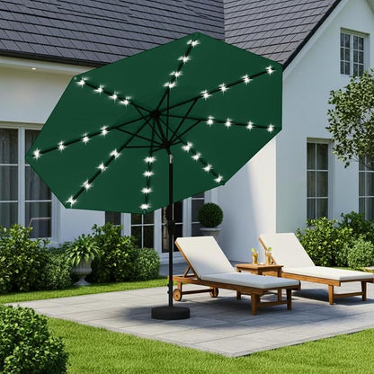 9' Solar LED Patio Umbrella with Tilt & Crank|8 Sturdy Ribs,UV Protection,Outdoor Market Table Umbrella for Deck,Lawn,Pool,Backyard(Dark Green)
