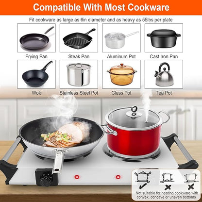 Electric Hot Plate, 2000W Countertop Double Burner with Adjustable Temperature & Handles, Stainless Steel Coil Electric Stove for Cooking Cooktop for Home Kitchen Dorm RV Camp, Black, Small