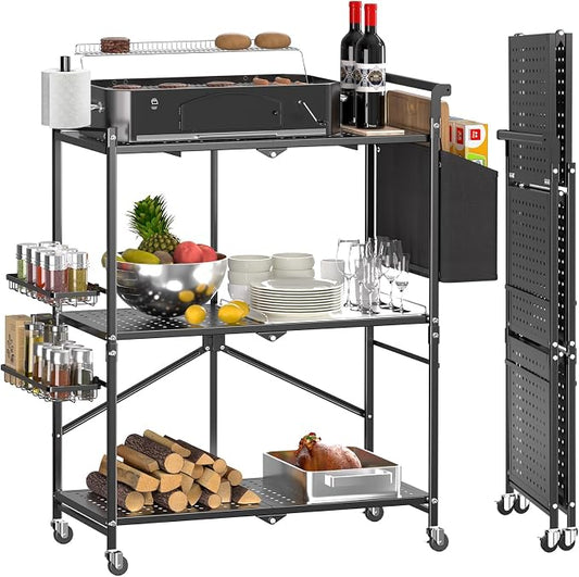 DTUQYX Foldable Outdoor Grill Cart with 3-Tier,Grill Cart,Grill Table for Outside with 2 Total Lock Casters，Pizza Oven Stand Table，Rolling BBQ Table and Folding Kitchen Island, Black