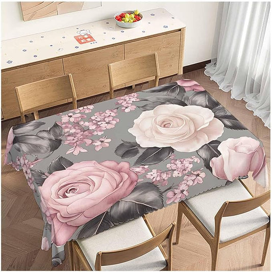 Rose Tablecloth for Rectangle Tables - Gray Pink Roses Cover for Indoor and Outdoor Picnic, Camping, Dinner, Kitchen - 52"X70"