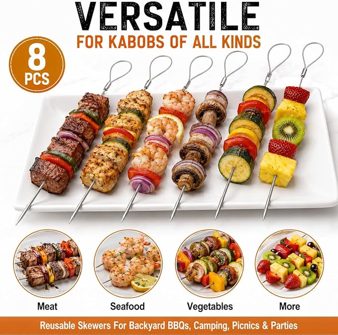 Flexible BBQ Skewers, 29 Inch 304 Stainless Steel Cable, 8 Pack for Grills | Reusable Kabob Skewers Hold Meat and Veggies for Grilling; Ideal for Backyard BBQs, Camping, Picnics, Tailgating and Parties