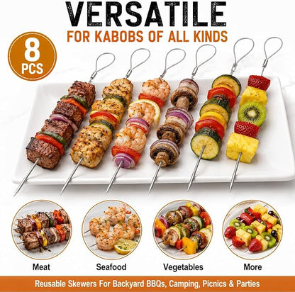 Flexible BBQ Skewers, 29 Inch 304 Stainless Steel Cable, 8 Pack for Grills | Reusable Kabob Skewers Hold Meat and Veggies for Grilling; Ideal for Backyard BBQs, Camping, Picnics, Tailgating and Parties