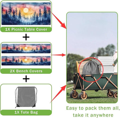 JAWO Picnic Table Cover with Bench Covers, Forest Mountain Camping RV Essentials Gear Supplies Outdoor Camper Waterproof Windproof Tablecloth with Elastic, 90in