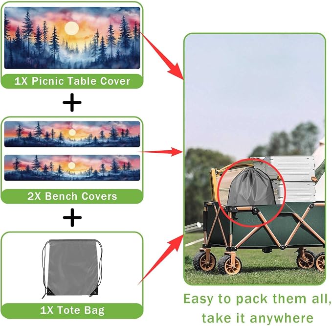 JAWO Picnic Table Cover with Bench Covers, Forest Mountain Camping RV Essentials Gear Supplies Outdoor Camper Waterproof Windproof Tablecloth with Elastic, 72in