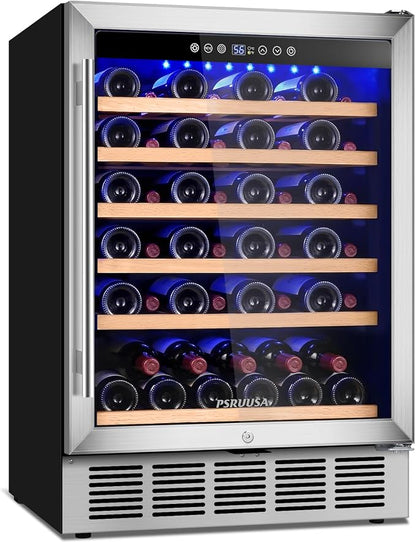 24 Inch Wine Fridge 51 Bottles Wine Cooler with Glass Door, Wine Refrigerator Temperature Control, Built-in Freestanding or Under Counter Wine Cellar for Home Bar, Bedroom
