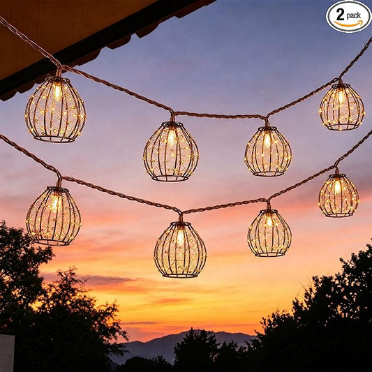 2 Pack Decorative String Lights, 8.5ft with 10 Gold Beaded Copper Wire Lanterns, UL Certified Connectable Fairy Lights for Indoor & Outdoor Porch, Garden, Patio, Wedding Decor