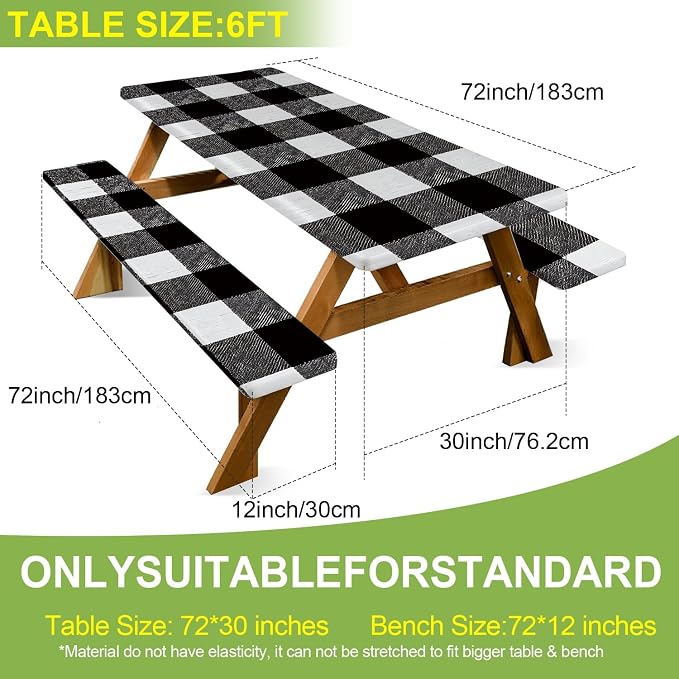 FOREVER QUEEN Picnic Table Cover with Bench Covers 72in,Waterproof Windproof Fitted Tablecloth,Black White Buffalo Plaid Camping Essentials with Drawstring Bag for Patio,Park & Backyard